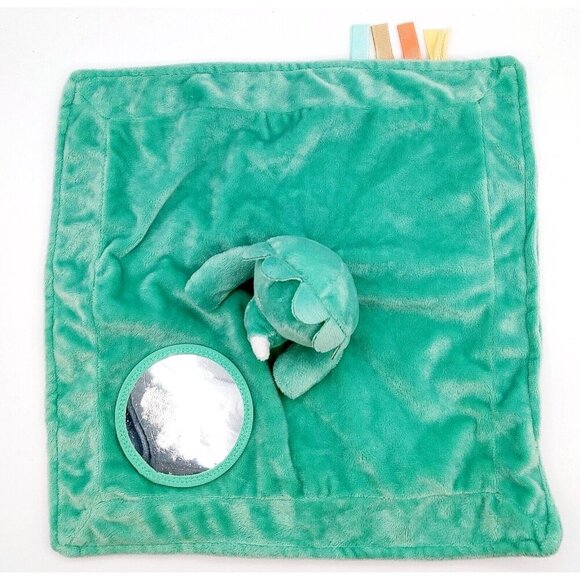 Modern Baby Triceratops Dinosaur Rattle Green Lovey Security Blanket Mirror - Picture 3 of 5